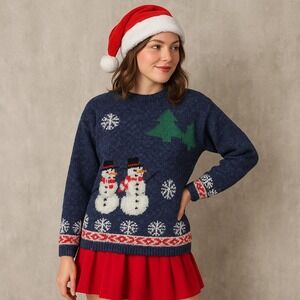 Vintage Marisa Christina Snowman Christmas Sweater Navy Wool Blend Hong Kong